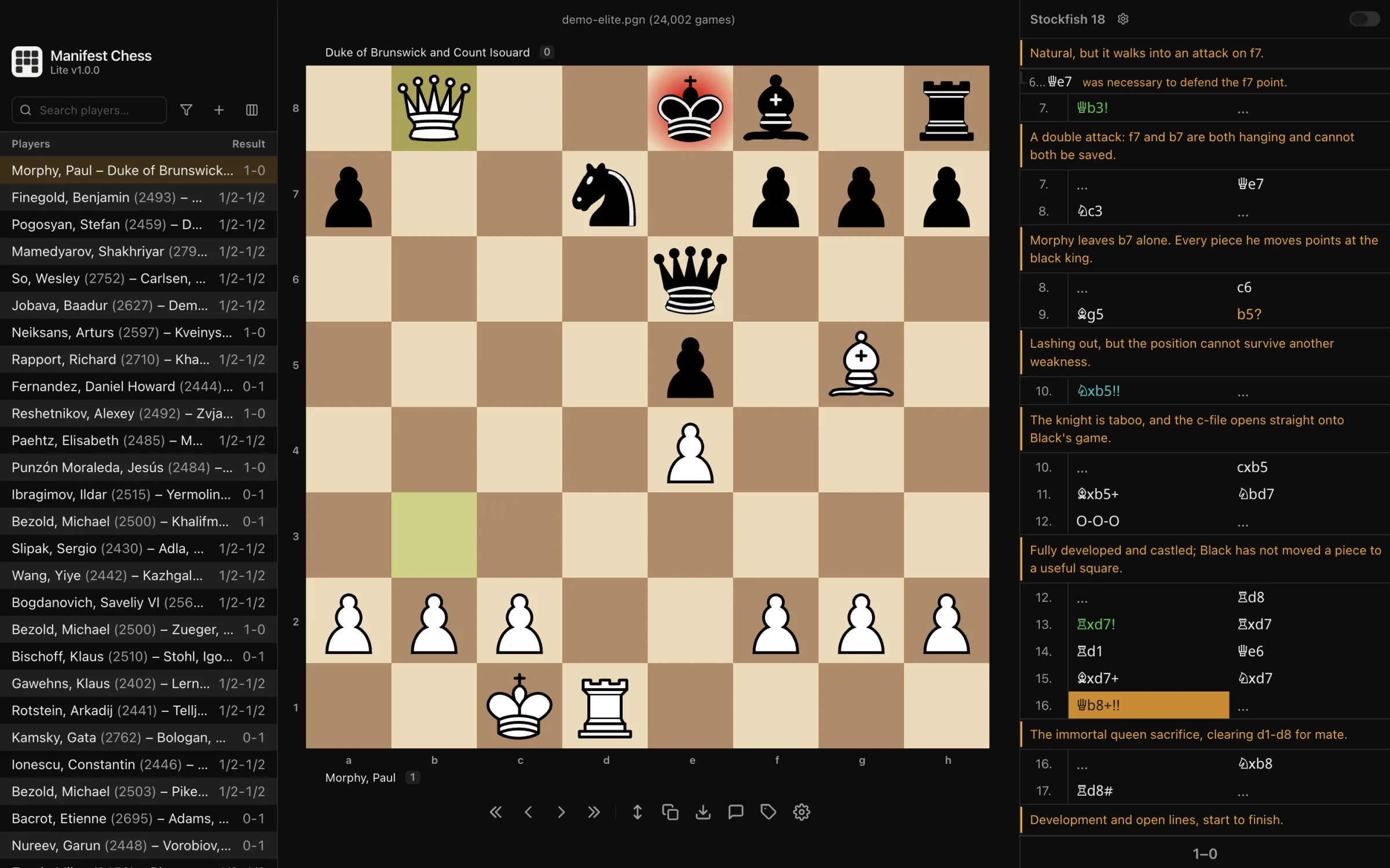 Annotating a chess game in Manifest Chess Lite with comments, variations, and move symbols