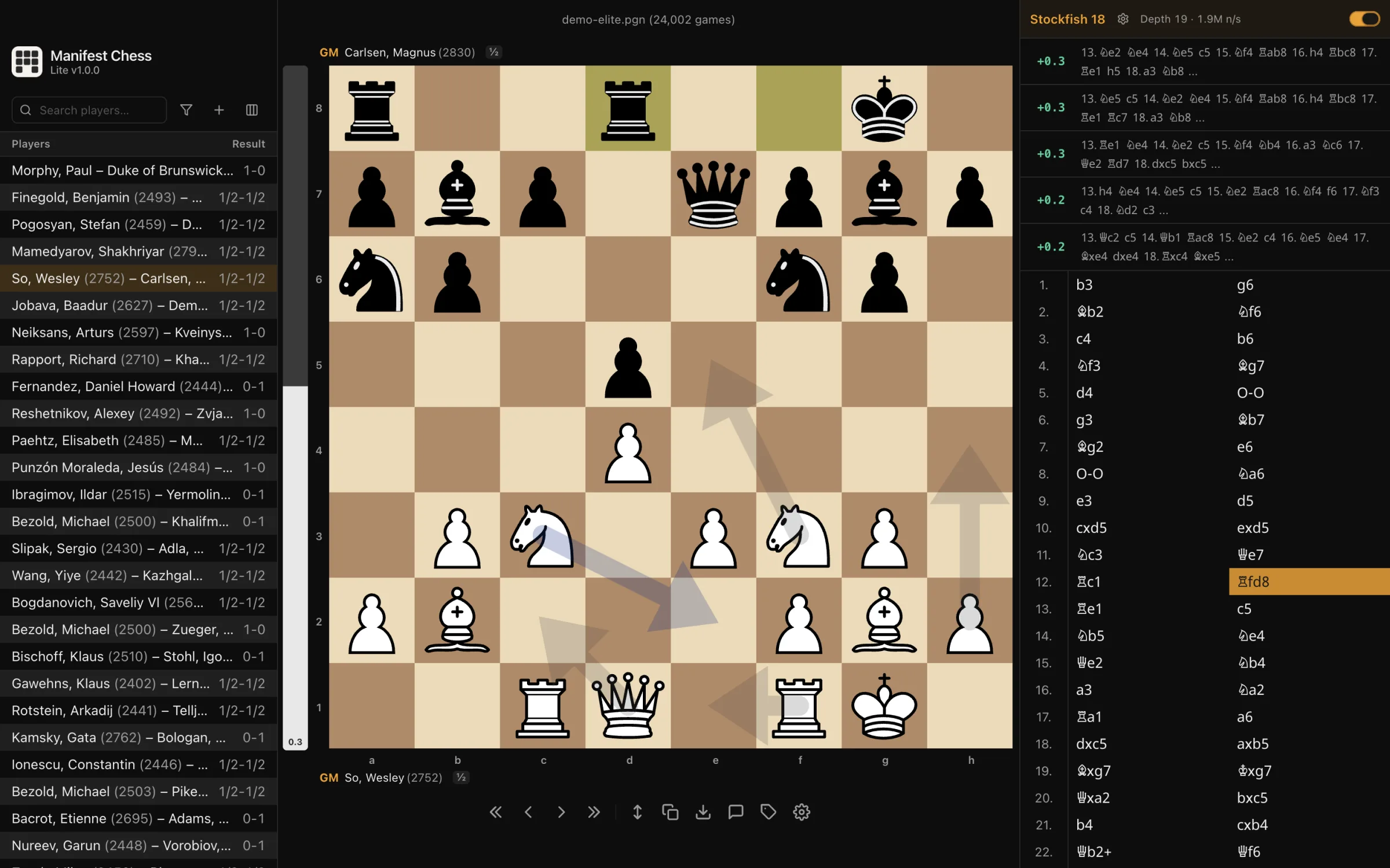 Manifest Chess Lite showing a PGN file of 24,002 games, the board, and five Stockfish 18 engine lines side by side