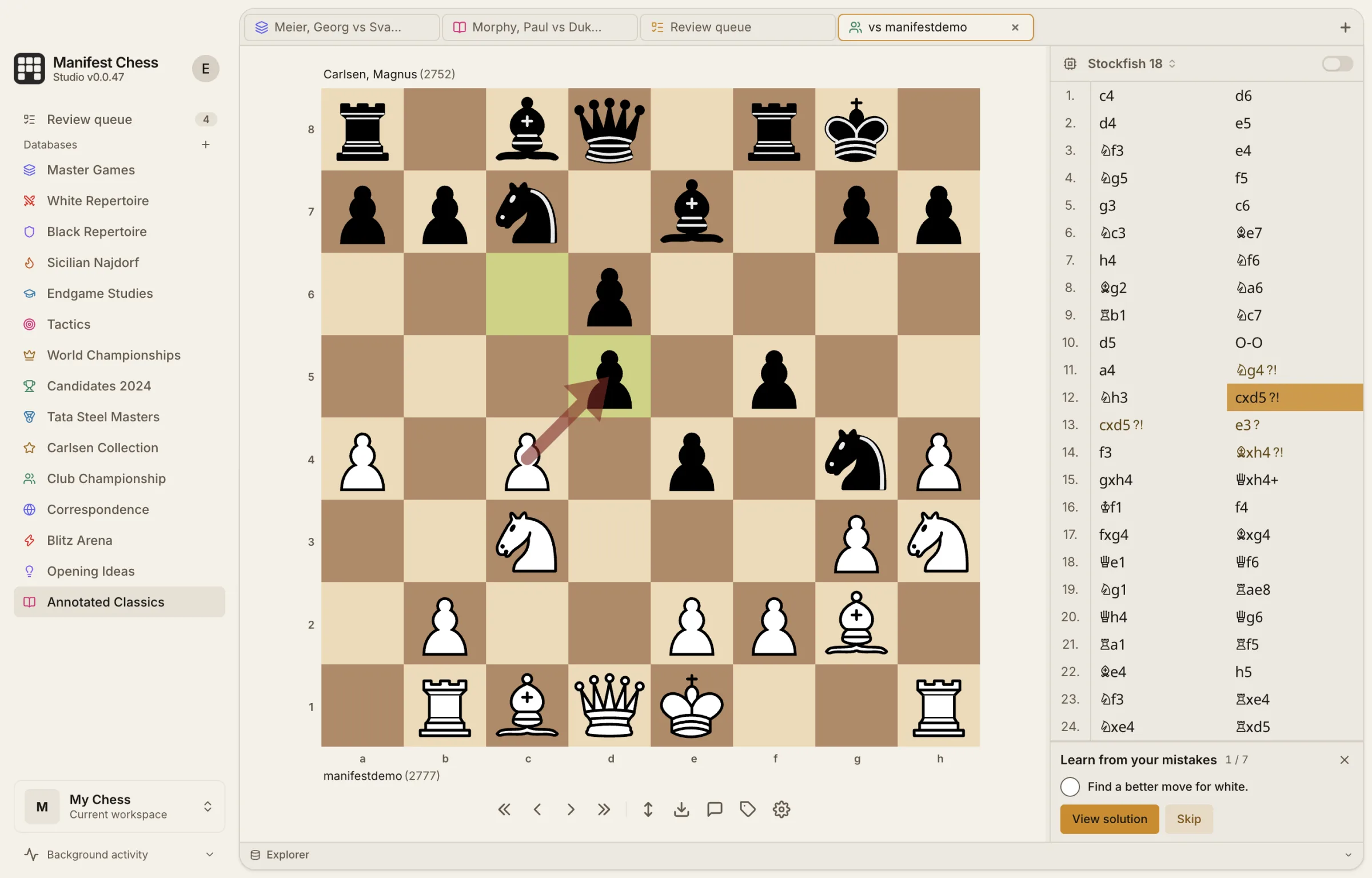 Game review in Manifest Chess Studio paused at a critical moment, asking the player to find a better move for White